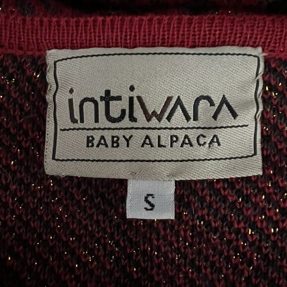 intiwara Women's Cardigan Size S Red Black 100% Baby Alpaca Handmade Bolivia - Picture 2 of 8